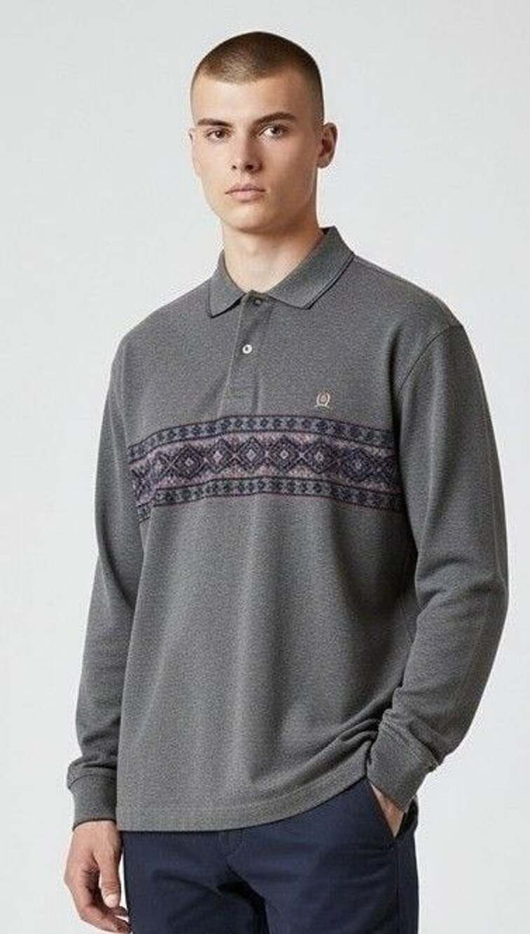Tommy Hilfiger Fair Isle Long Sleeve Polo Shirt Gray Sz XL